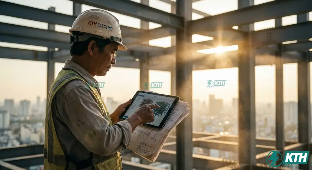 Kỹ sư kết cấu KTH Electric giàu kinh nghiệm đang so sánh bản vẽ cũ và mô hình tính toán tải trọng gió mới theo TCVN 2737:2023 trên công trường nhà cao tầng.