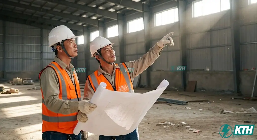 Hướng Dẫn Lắp Đặt Hệ Thống Điện Công Nghiệp: Quy Trình 8 Bước Chuẩn TCVN 2 Kỹ sư điện KTH Electric đang khảo sát hiện trường và đo đạc thực tế để lên phương án thi công điện nhà xưởng tối ưu chi phí.