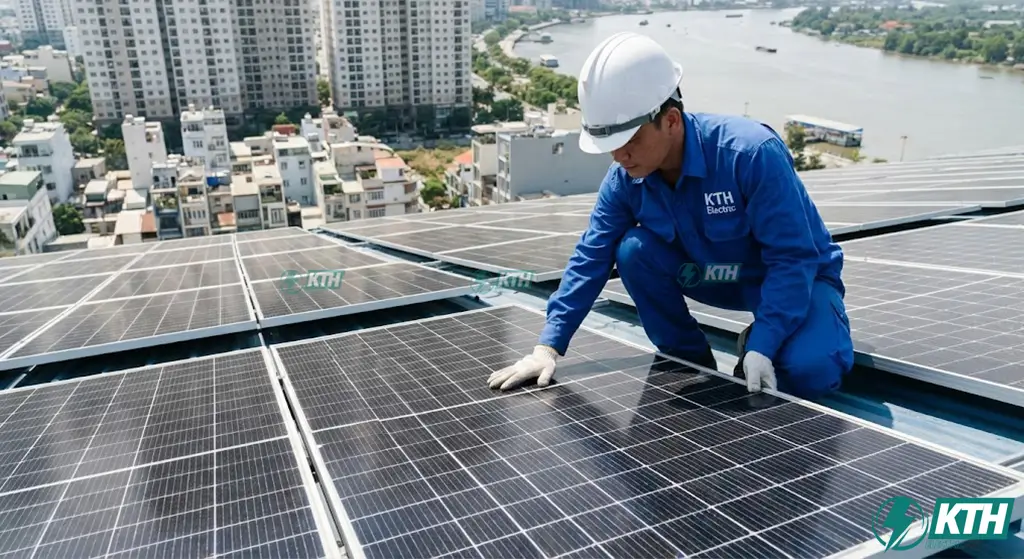 Kỹ sư KTH Electric đang kiểm tra tiêu chuẩn an toàn IEC 61730 trên hệ thống pin năng lượng mặt trời áp mái tại TP.HCM.