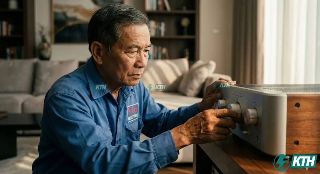 Kỹ sư điện KTH Electric đang cân chỉnh amply cho dàn âm thanh karaoke gia đình cao cấp tại TP.HCM.