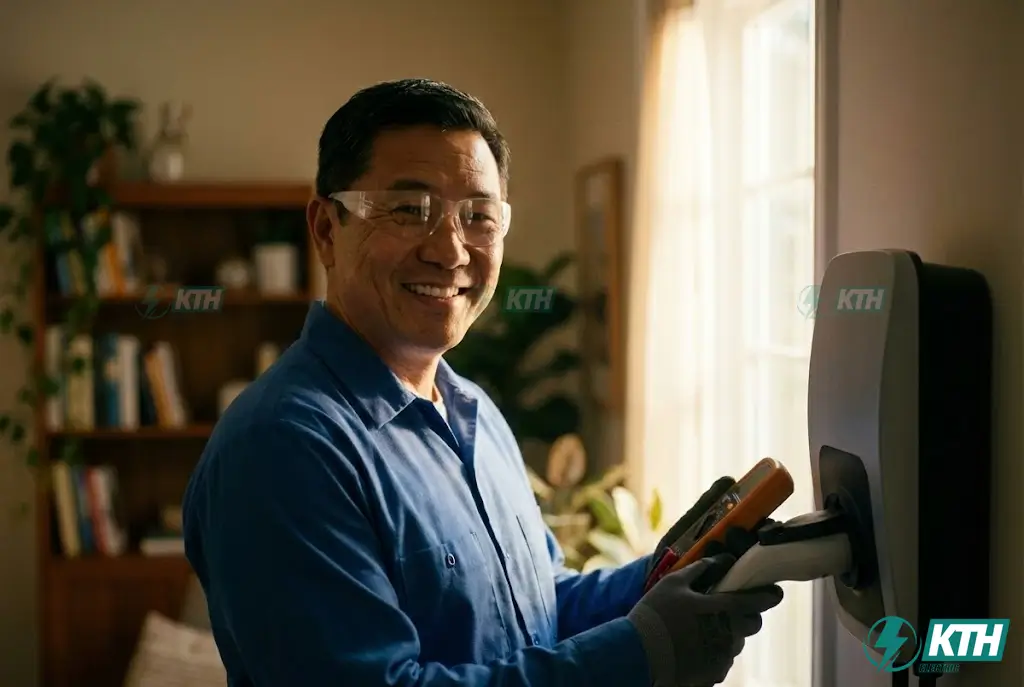 Kỹ sư điện KTH Electric đang kiểm tra kỹ thuật và đo đạc an toàn điện cho trạm sạc xe điện tại nhà ở TP.HCM.