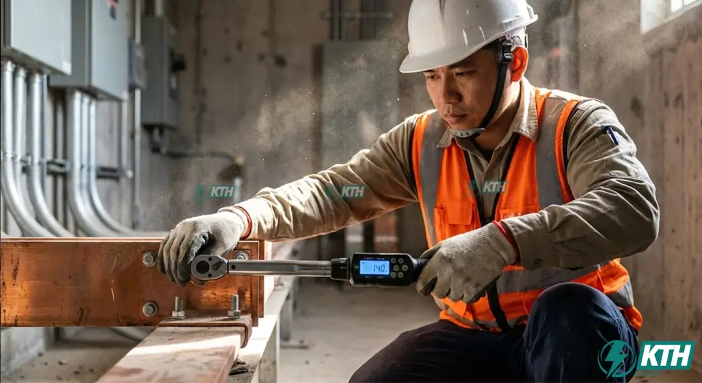 Kỹ sư cơ điện đang sử dụng cờ lê lực để siết chặt khớp nối Busway đảm bảo lực ép tiếp điểm đúng tiêu chuẩn kỹ thuật.