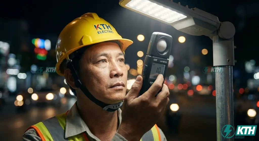 Kỹ sư KTH Electric đo kiểm nghiệm thu độ rọi hệ thống chiếu sáng đường phố bằng máy đo Lux chuyên dụng.