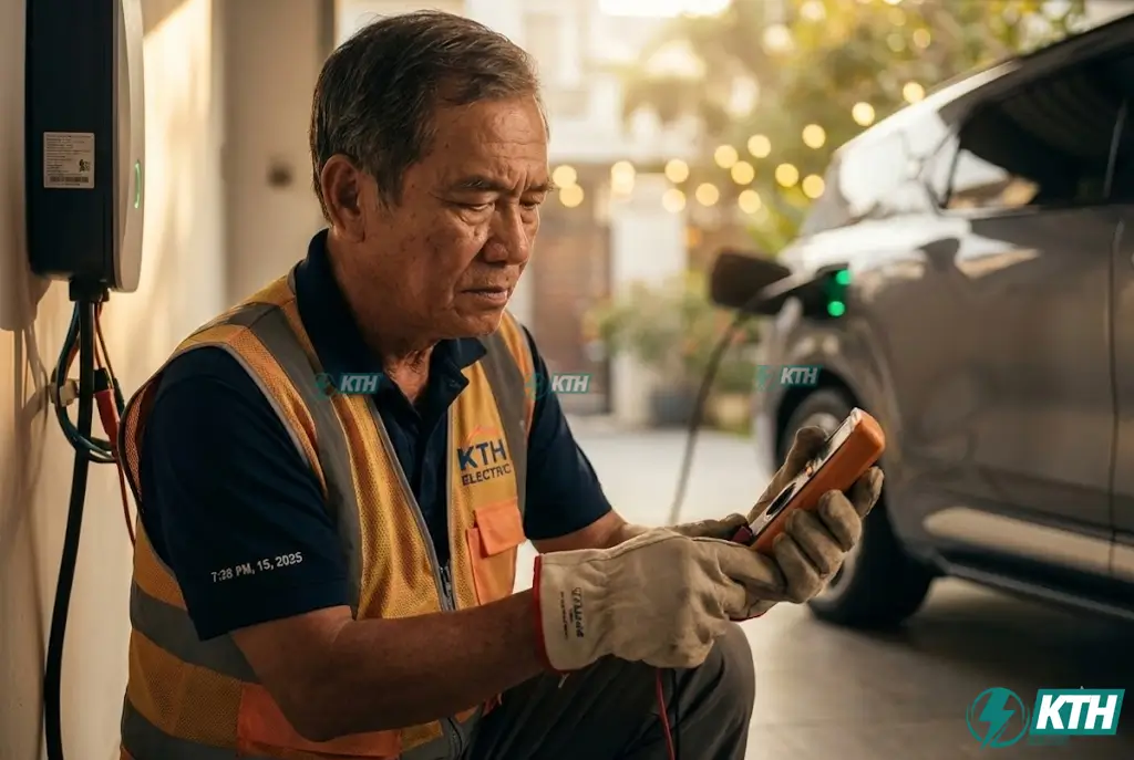 So Sánh Tesla, BYD & VinFast 2026: Phân Tích Kỹ Thuật Từ Kỹ Sư Điện 4 Hình ảnh thực tế kỹ sư điện KTH Electric đang thi công lắp đặt và kiểm tra an toàn hệ thống trạm sạc xe điện tại nhà cho khách hàng, đảm bảo tiêu chuẩn kỹ thuật và tiếp địa an toàn.