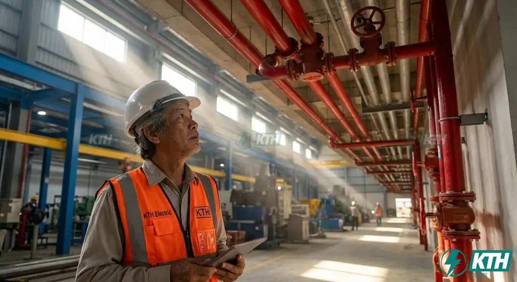 Kỹ sư KTH Electric đang kiểm tra quy trình lắp đặt hệ thống PCCC trọn gói tại nhà xưởng công nghiệp Bình Dương chuẩn TCVN.