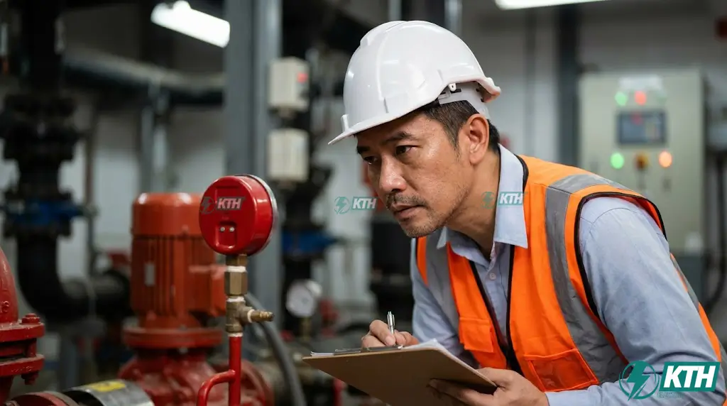 Kỹ sư KTH Electric kiểm tra áp suất đường ống và nghiệm thu hệ thống bơm chữa cháy tự động