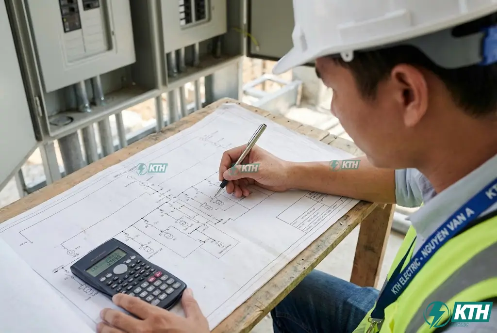 Kỹ sư đang phân tích kỹ lưỡng hệ số nhu cầu (Knc) và công suất định mức trên bản vẽ đơn tuyến trước khi chọn thiết bị.