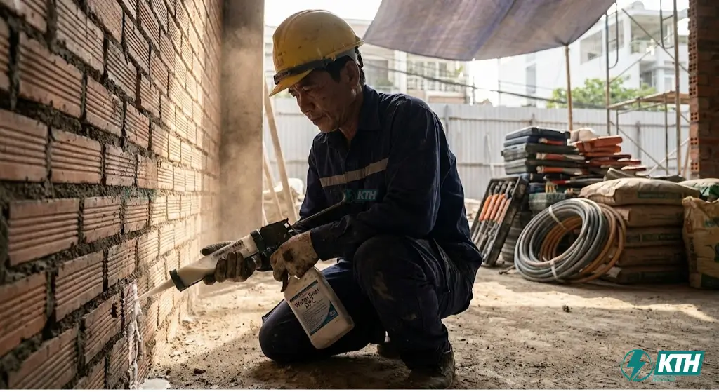 Kỹ sư KTH Electric đang thi công bơm hóa chất chống thấm ngược Water Seal DPC vào chân tường gạch.