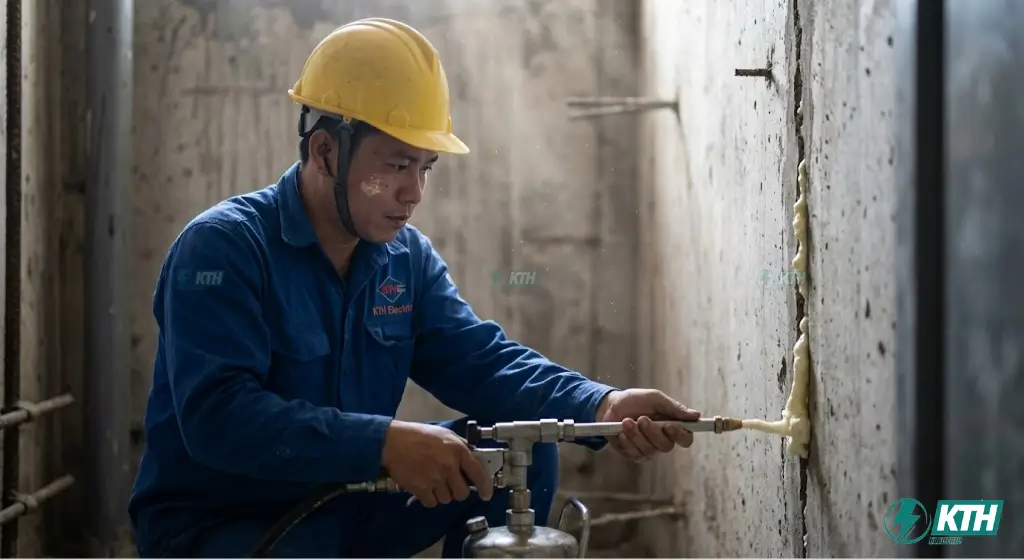Kỹ thuật viên KTH Electric đang thi công bơm keo PU trương nở áp lực cao xử lý vết nứt rò rỉ nước hố thang máy.