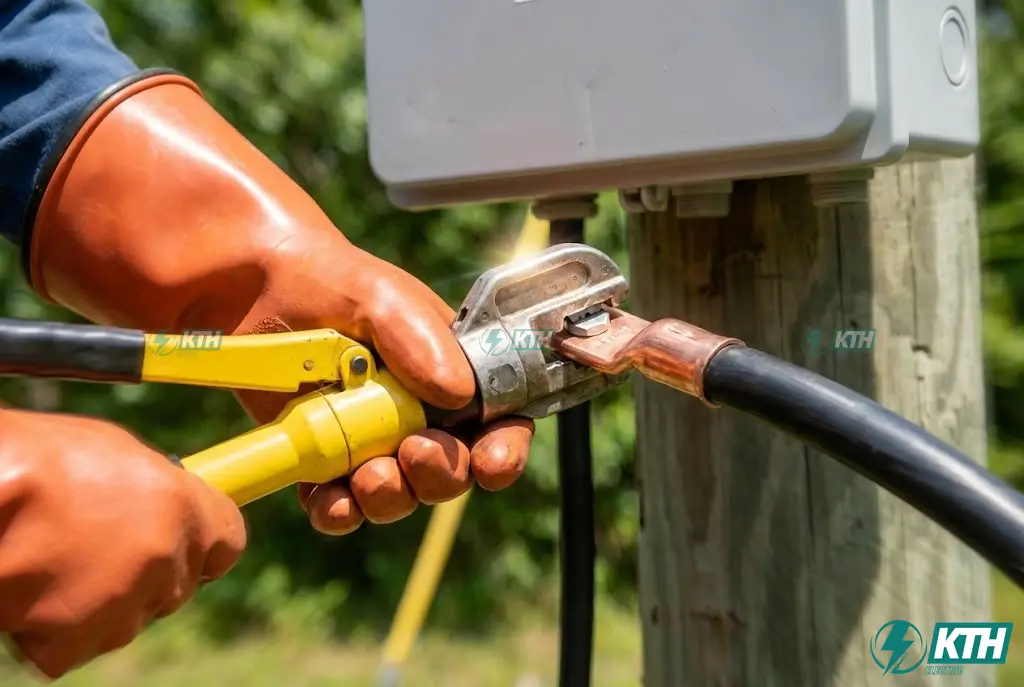 Kỹ thuật viên đang ép đầu cốt đồng bằng kìm thủy lực khi đấu nối bảng điện cửa cột.