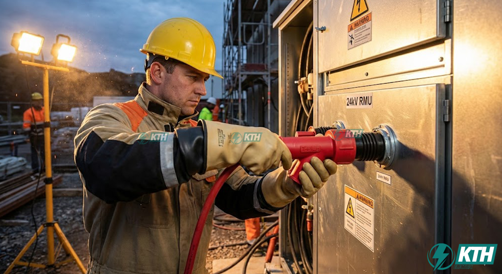 Tủ RMU 24kV: Cấu Tạo, Nguyên Lý & Hướng Dẫn Chọn (2026) 4 Kỹ sư KTH Electric đang thi công đấu nối đầu cáp T-Plug 24kV cho ngăn máy cắt tủ RMU.
