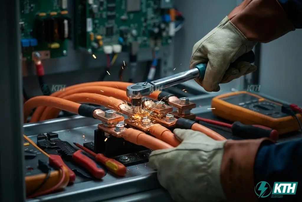 Cận cảnh kỹ thuật thi công đấu nối tủ điện trạm sạc xe điện với cáp chuyên dụng, tuân thủ tiêu chuẩn an toàn điện và PCCC.