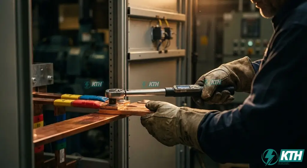 Kỹ sư điện KTH Electric đang sử dụng cờ lê lực để siết chặt đầu cos đồng vào thanh cái tủ điện tổng MSB theo đúng tiêu chuẩn TCVN, đảm bảo không bị phóng điện hồ quang.