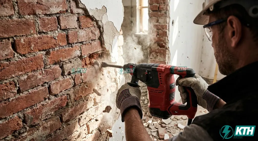 Kỹ thuật đục bỏ hoàn toàn lớp vữa cũ đến lớp gạch nền để chuẩn bị bề mặt chống thấm ngược triệt để.