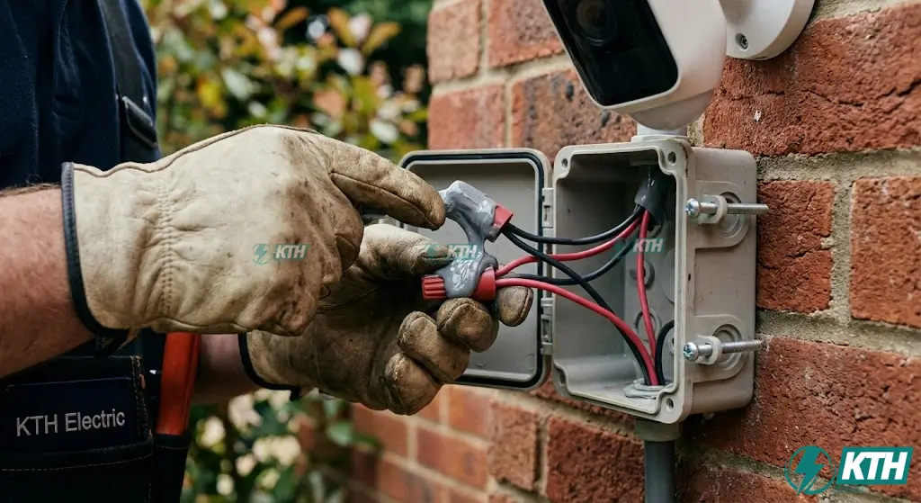 Kỹ thuật viên chuyên nghiệp KTH Electric đang sử dụng hộp kỹ thuật chống nước để bảo vệ jack kết nối camera ngoài trời, ngăn ngừa oxy hóa.