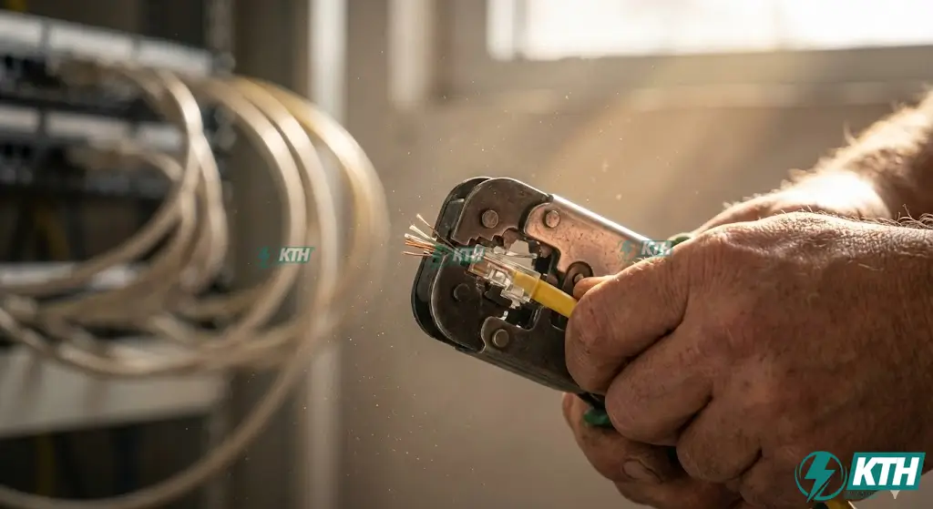 Kỹ thuật viên thi công bấm đầu dây mạng CAT6 chuẩn RJ45 cho hệ thống điện thoại VoIP đảm bảo tín hiệu ổn định.