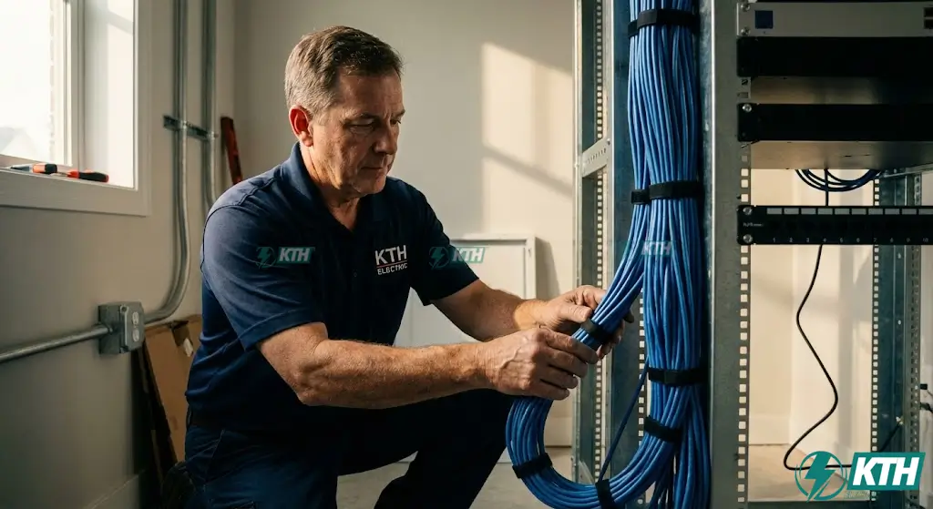 Kỹ thuật viên chuyên nghiệp đang thi công đi dây mạng gọn gàng cho hệ thống đầu ghi camera giám sát NVR, đảm bảo tín hiệu ổn định.