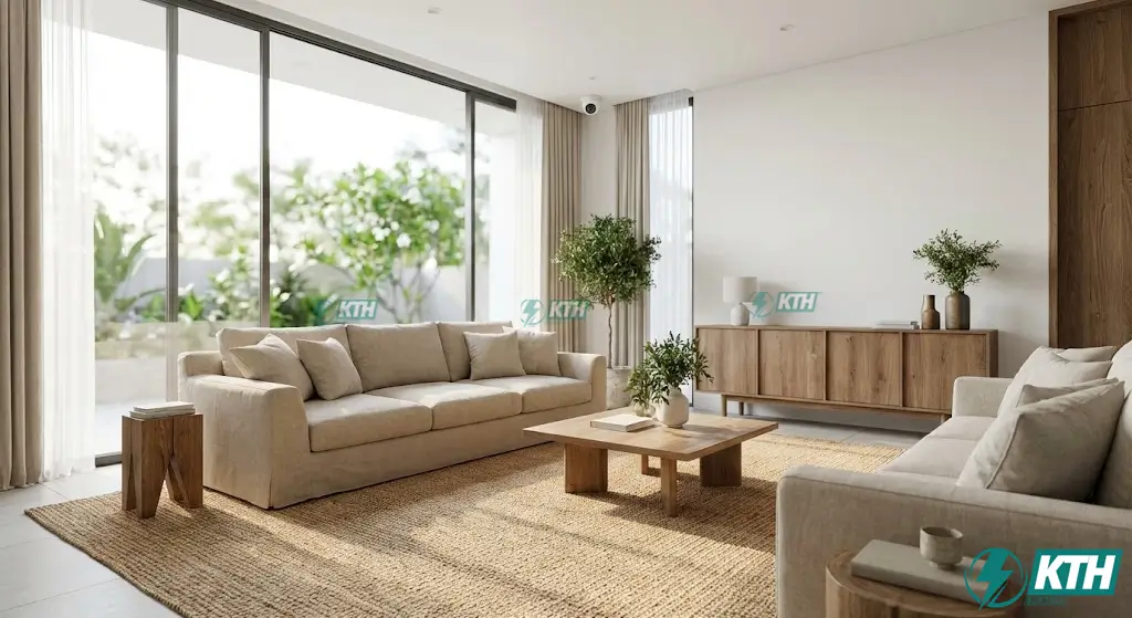 Mẫu camera giám sát 360 độ lắp ốp trần thẩm mỹ cho phòng khách biệt thự, hài hòa với nội thất hiện đại.