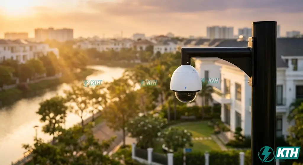 Toàn cảnh khu dân cư Phú Mỹ Quận 7 ven sông với hệ thống camera giám sát an ninh AI thông minh được lắp đặt bởi KTH Electric.