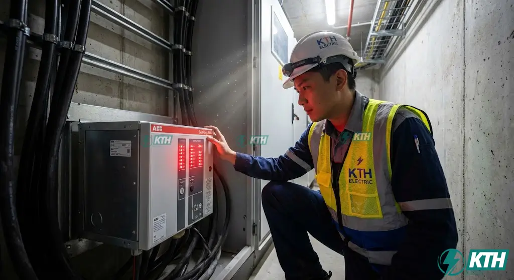 Kỹ sư KTH Electric đang kiểm tra vận hành tủ RMU ABB SafeRing trong trạm biến áp compact tòa nhà cao tầng.