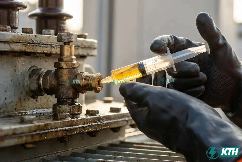 Kỹ thuật viên lấy mẫu dầu máy biến áp để phân tích khí hòa tan DGA và kiểm tra độ bền điện môi.