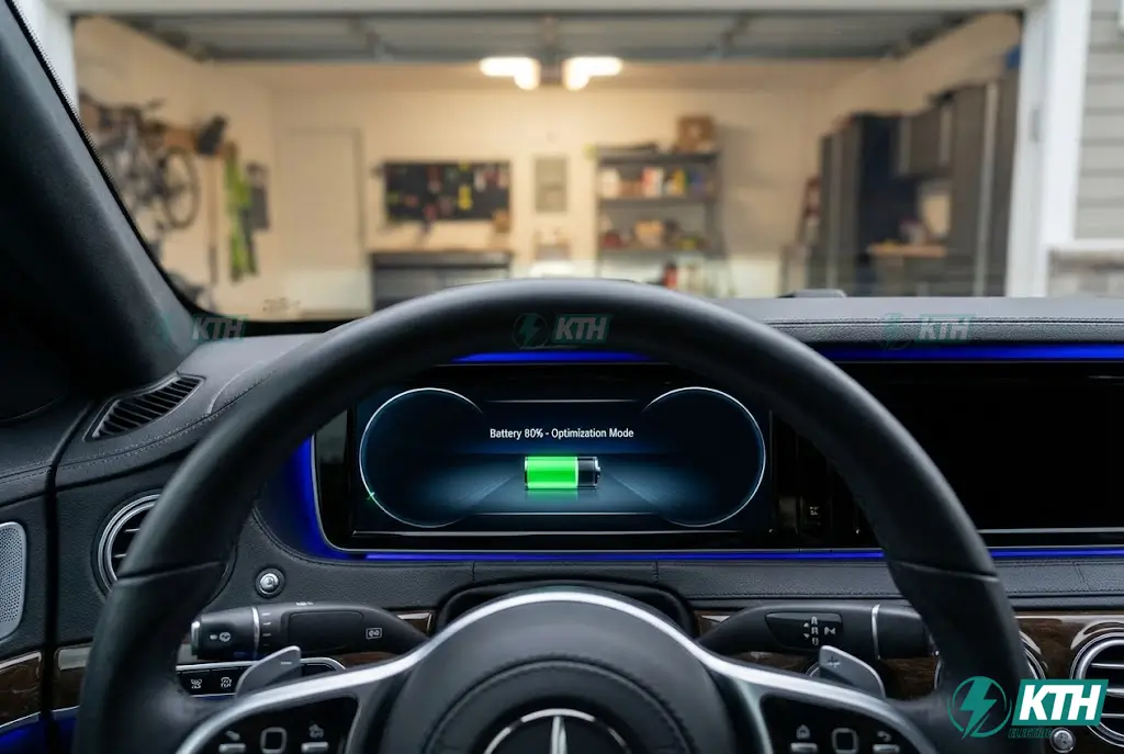 Màn hình hiển thị mức pin 80% trên xe điện, minh họa quy tắc vàng sạc pin 20-80 để kéo dài tuổi thọ pin.