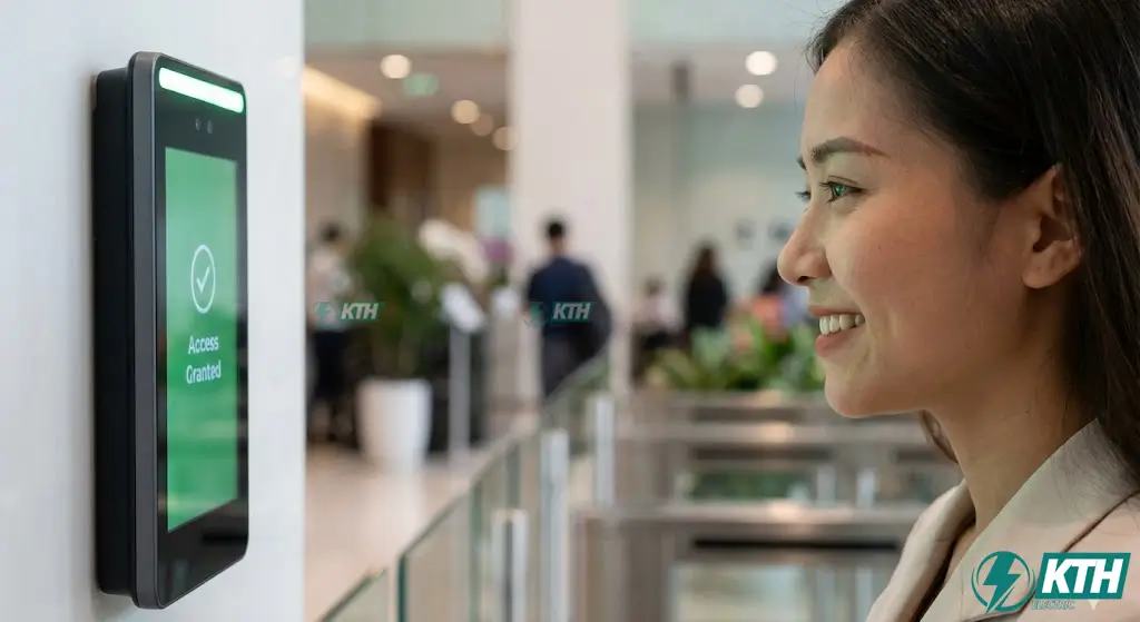 Nhân viên văn phòng sử dụng máy chấm công khuôn mặt Face ID trong hệ thống kiểm soát ra vào tự động.