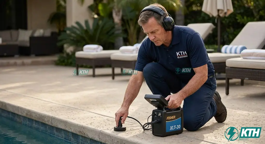 Kỹ thuật viên sử dụng máy dò âm thanh siêu âm chuyên dụng để lắng nghe tiếng nước rò rỉ trong kết cấu bê tông thành hồ bơi.