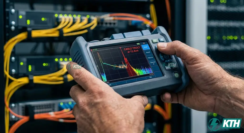 Giám sát Cáp ngầm biển 2026: Công nghệ DAS & Quy trình Bảo vệ 24/7 4 Kỹ thuật viên sử dụng máy đo quang OTDR để xác định chính xác vị trí điểm đứt cáp ngầm.