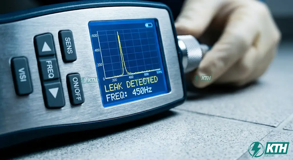 Màn hình hiển thị tần số sóng âm của máy dò tìm rò rỉ nước hiện đại giúp xác định chính xác vị trí đường ống bị vỡ.