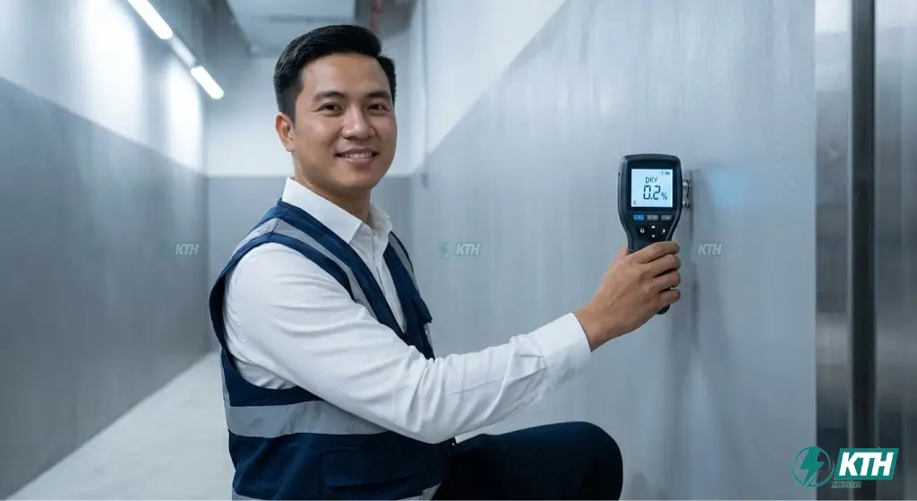 Kỹ sư KTH Electric nghiệm thu công trình chống thấm hố thang máy khô ráo bằng máy đo độ ẩm chuyên dụng.