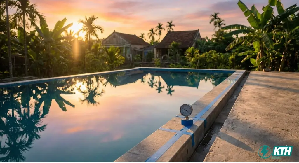 Hồ bơi sau khi hoàn thiện công tác chống thấm đang được bơm đầy nước để ngâm thử nghiệm thu độ kín nước trong 48 giờ theo tiêu chuẩn.