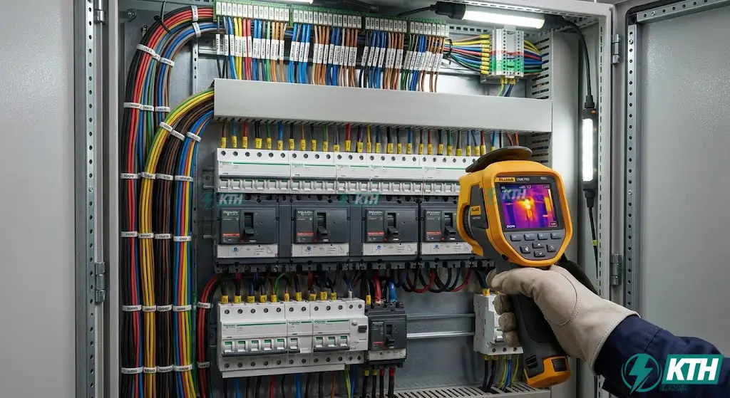 Tủ điện tổng MSB hoàn thiện đấu nối gọn gàng đúng kỹ thuật và đang được kiểm tra bằng camera nhiệt trong quy trình QA/QC.