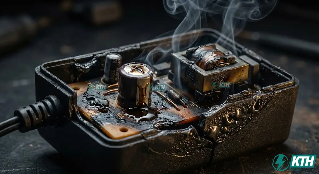 Cục nguồn camera 12V 2A giá rẻ bị nổ tụ và cháy đen linh kiện bên trong do quá tải nhiệt.