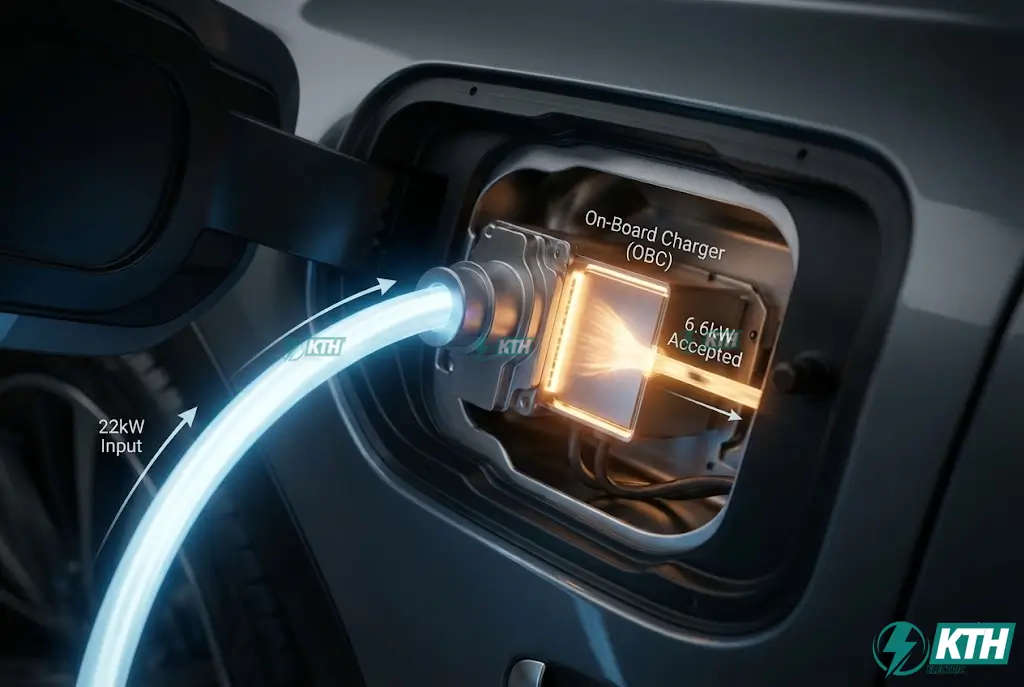 Nên Lắp Trạm Sạc Điện 1 Pha Hay 3 Pha? Tư Vấn Kỹ Sư Điện (2026) 2 Mô phỏng dòng điện đi qua bộ sạc tích hợp OBC trên xe ô tô điện, minh họa giới hạn công suất tiếp nhận khi sạc AC.