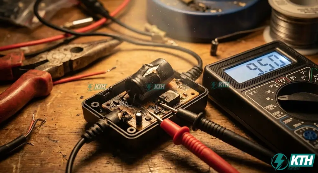 Cục nguồn adapter camera 12V bị sụt áp và phồng tụ điện là nguyên nhân chính gây nhiễu sọc màn hình.