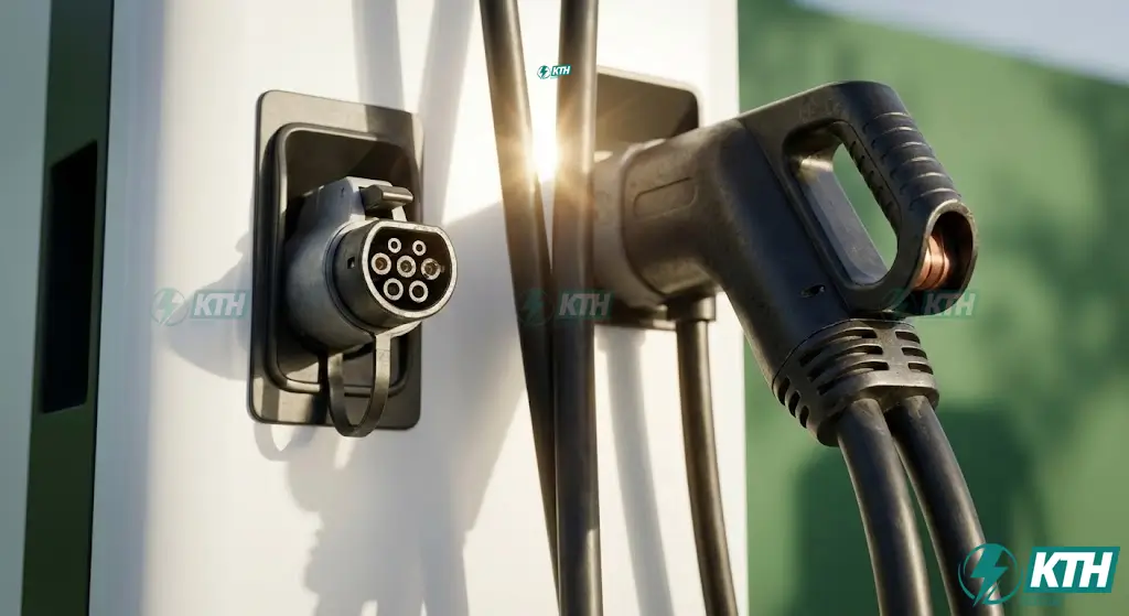 Hình ảnh so sánh chi tiết đầu súng sạc chậm AC Type 2 và đầu súng sạc nhanh DC CCS2 tại trụ sạc V-Green.