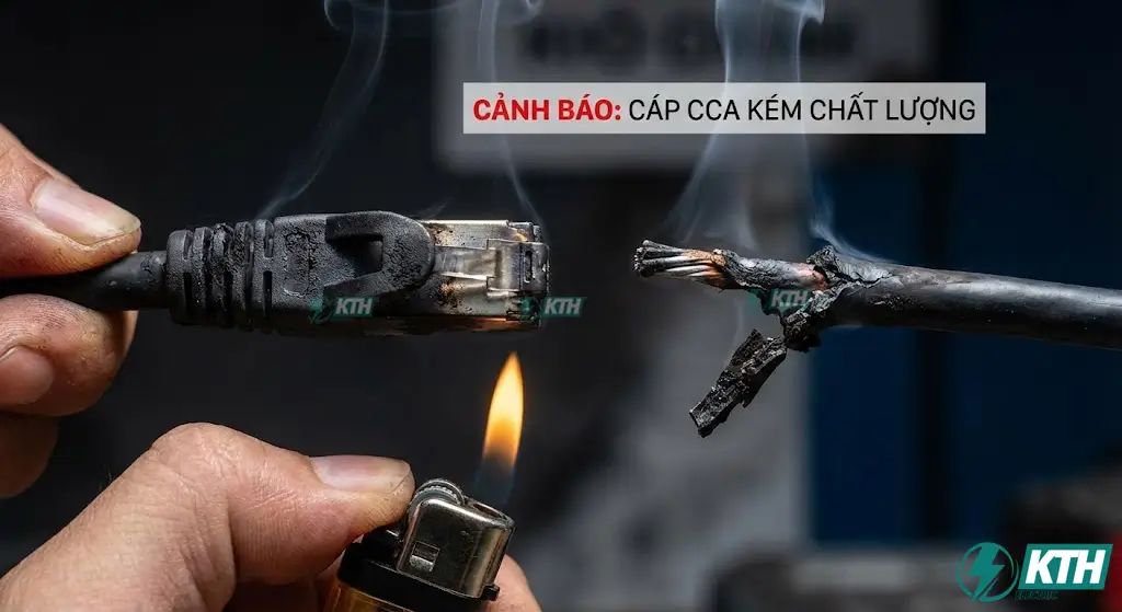 Cách phân biệt dây mạng lõi đồng nguyên chất và dây mạng lõi nhôm mạ đồng bằng bật lửa.