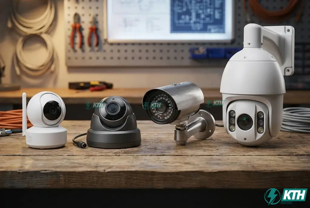 Hình ảnh thực tế so sánh các loại camera giám sát phổ biến 2026: camera wifi, camera dome ốp trần, camera thân trụ bullet và camera quay quét PTZ.