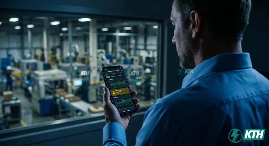 Giao diện phần mềm giám sát tình trạng động cơ từ xa trên điện thoại, hiển thị biểu đồ rung động và cảnh báo sớm lỗi kỹ thuật.