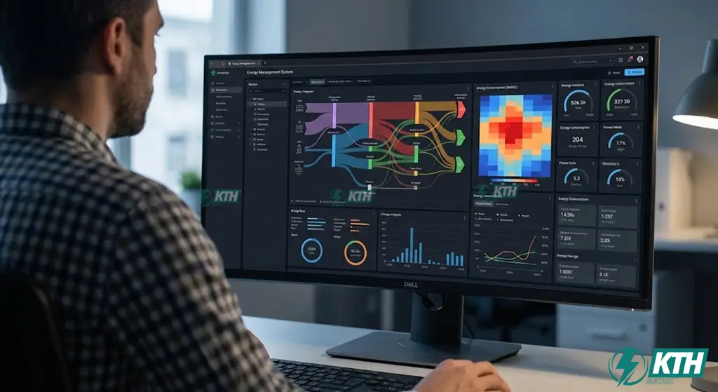 Giao diện phần mềm giám sát năng lượng hiển thị biểu đồ Sankey và bản đồ nhiệt giúp phát hiện lãng phí điện