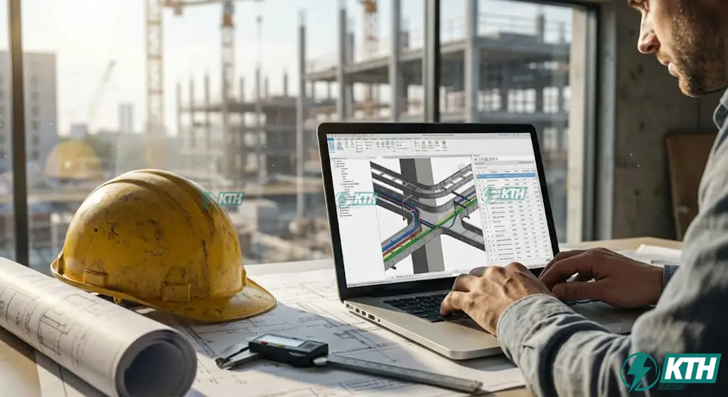 Kỹ sư QS đang thực hiện quy trình bóc tách khối lượng điện nước từ bản vẽ 3D BIM.