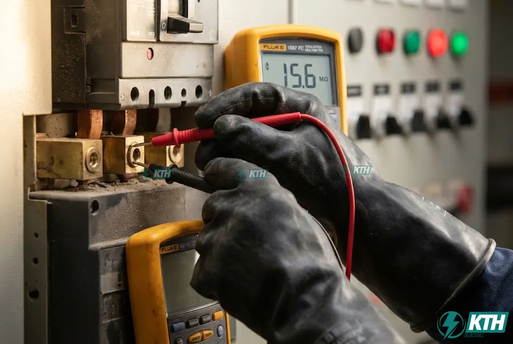 Cận cảnh chuyên gia đang thực hiện quy trình đo điện trở cách điện bằng Megomet cho tủ điện công nghiệp theo quy định kiểm định.