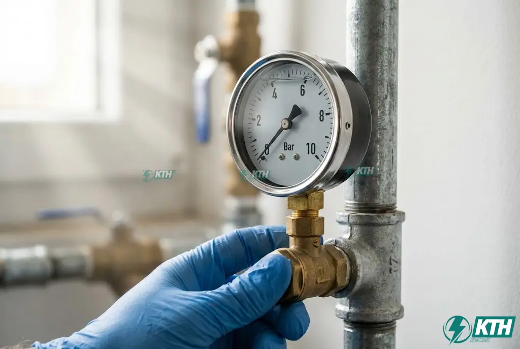 Cận cảnh đồng hồ đo áp suất nước đang hiển thị chỉ số 8 Bar trong quy trình test áp cô lập tầng để khoanh vùng đoạn ống trục đứng bị rò rỉ.