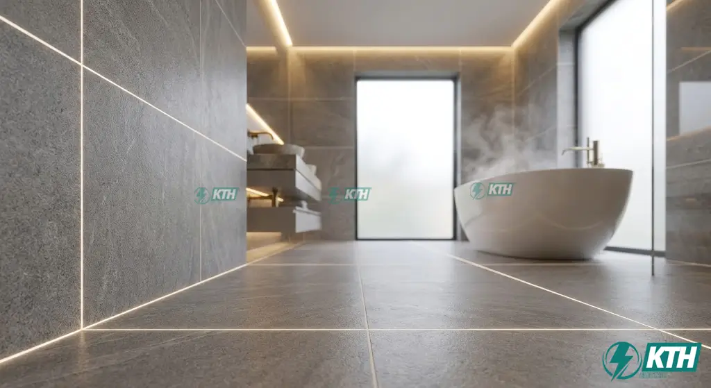 Mẫu sàn nhà tắm sang trọng lát gạch đá xám sử dụng keo chà ron Epoxy cao cấp chống bám bẩn giữ không gian luôn sạch sẽ và vệ sinh.