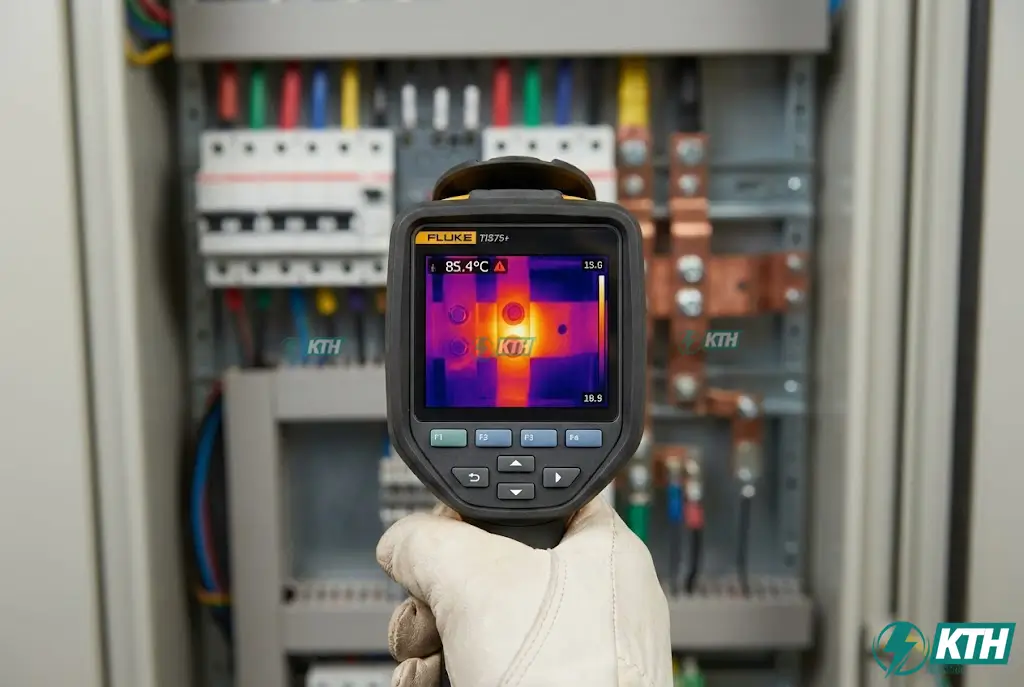 Hình ảnh quét camera nhiệt phát hiện điểm nóng quá nhiệt tại các đầu nối thanh cái trong tủ điện hạ thế.