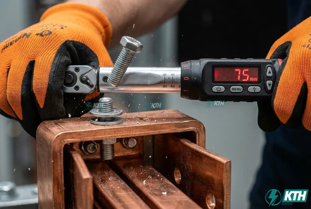 Kỹ thuật viên sử dụng cờ lê lực siết bulong đứt đầu shear-head tại khớp nối busway joint block chuẩn torque