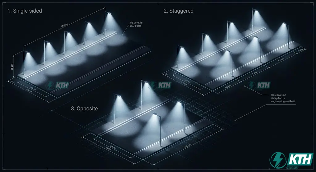 Sơ đồ 3 cách bố trí đèn đường phố phổ biến: một bên, so le và đối diện theo hướng dẫn thiết kế chiếu sáng.