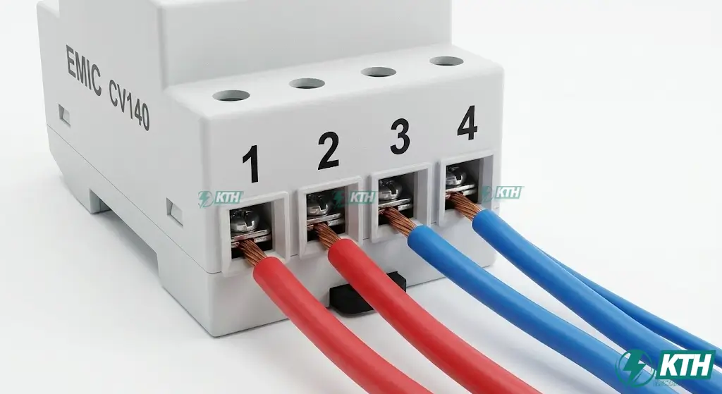 Sơ đồ đấu dây công tơ điện 1 pha 2 dây Emic CV140 chuẩn kỹ thuật: Vào 1-3, Ra 2-4.