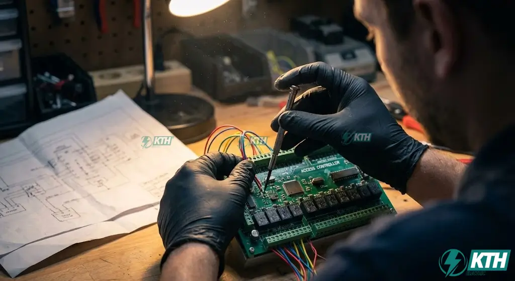 Kỹ thuật viên đang đấu nối dây tín hiệu cho bộ điều khiển trung tâm access control theo sơ đồ chuẩn.